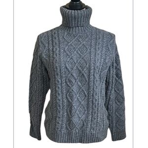 WoolOvers Pure Wool Knitted Aran Cable Turtle Neck Sweater Gray Small fisherman